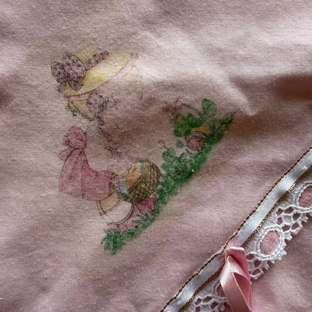 Vintage Pink Baby Blanket Lace Trim Girl Floral Bow 40x33